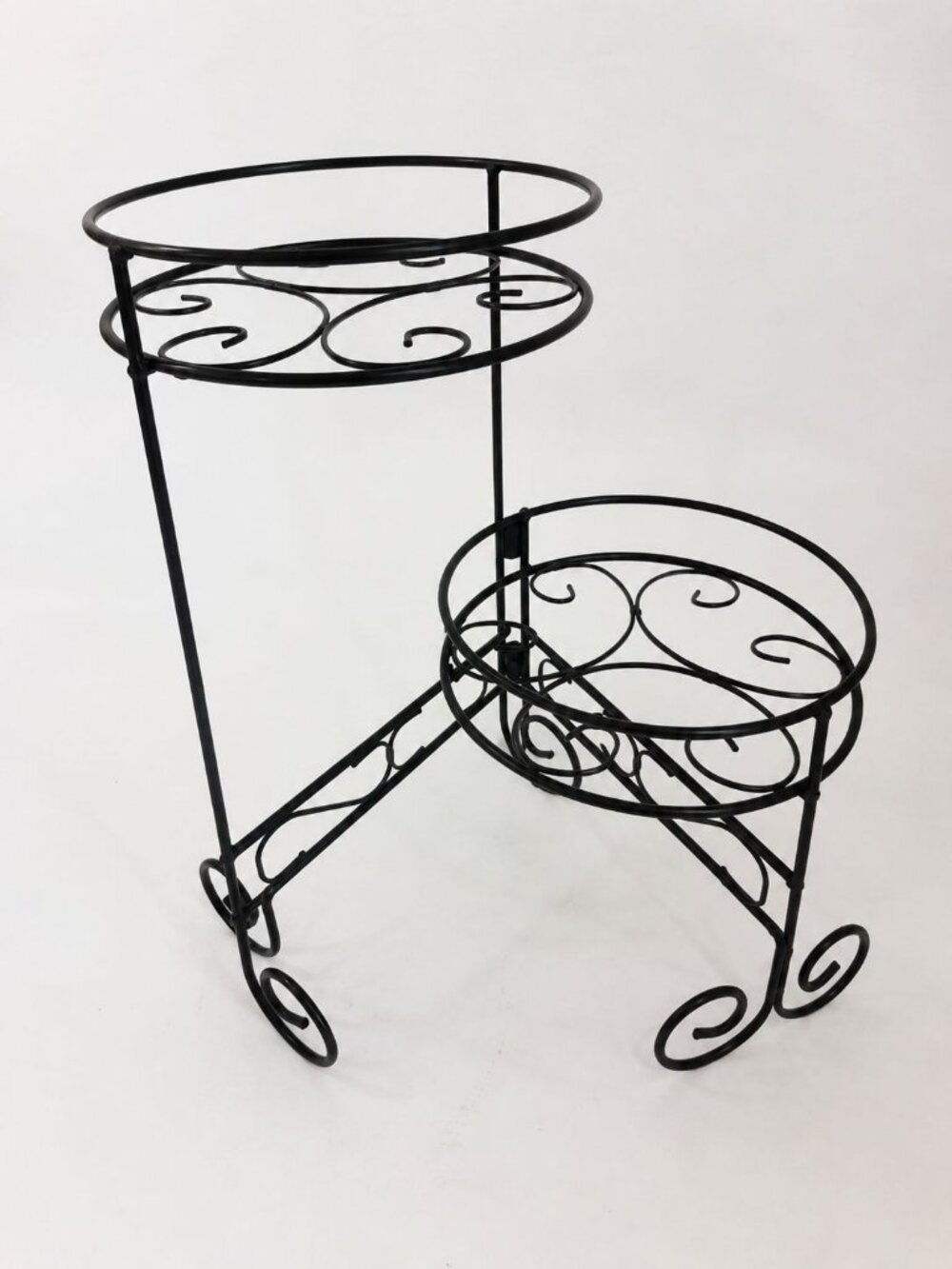 Black Metal Scrollwork 2-Tier Stand For Plants Or Food Display 16" Tall Sturdy